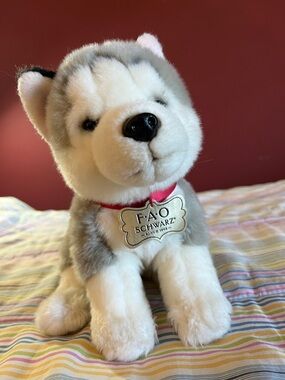 FAO Schwarz Gray and White Husky Plush Puppy with Red Collar